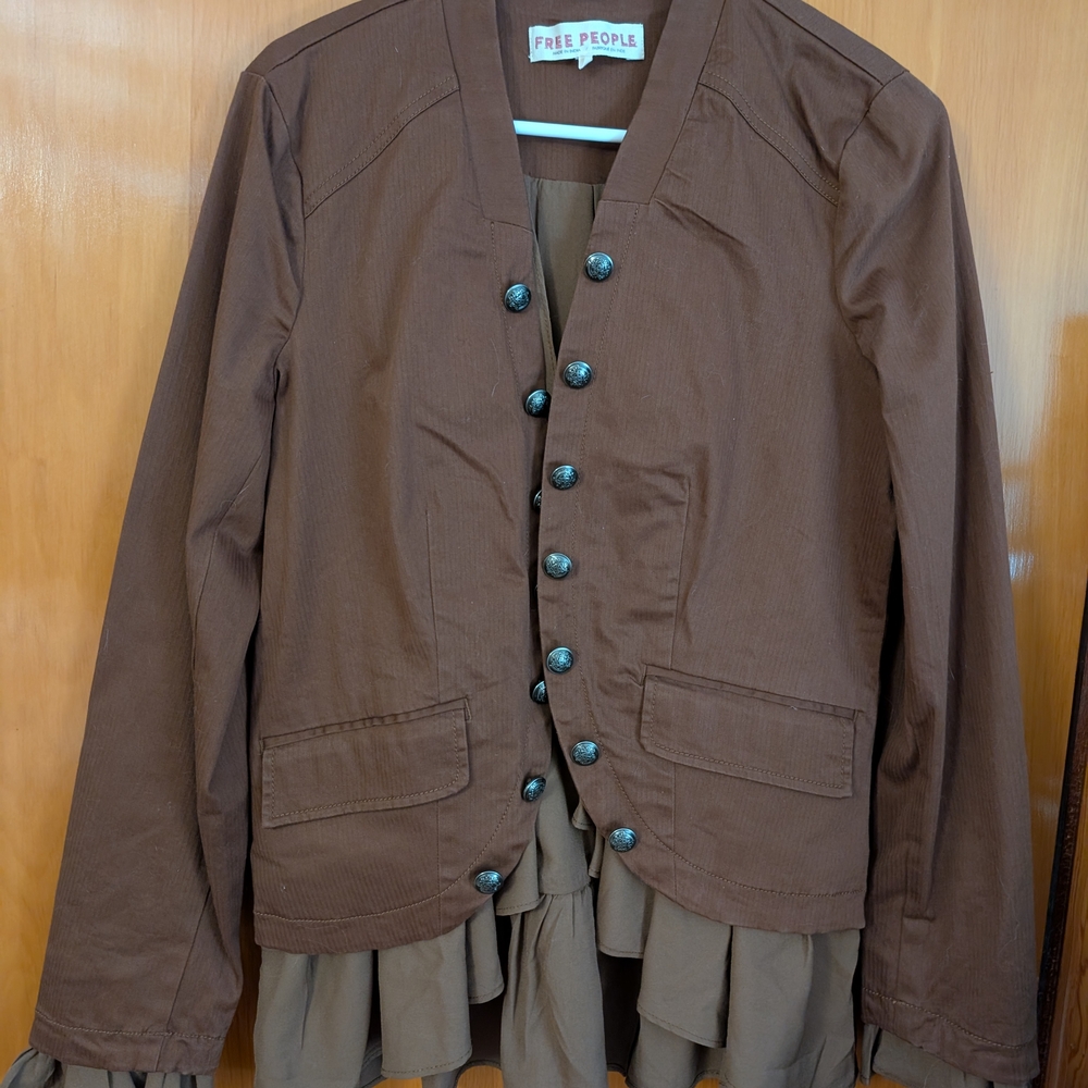 Free People Brown Blazer with Ruffle Detail
